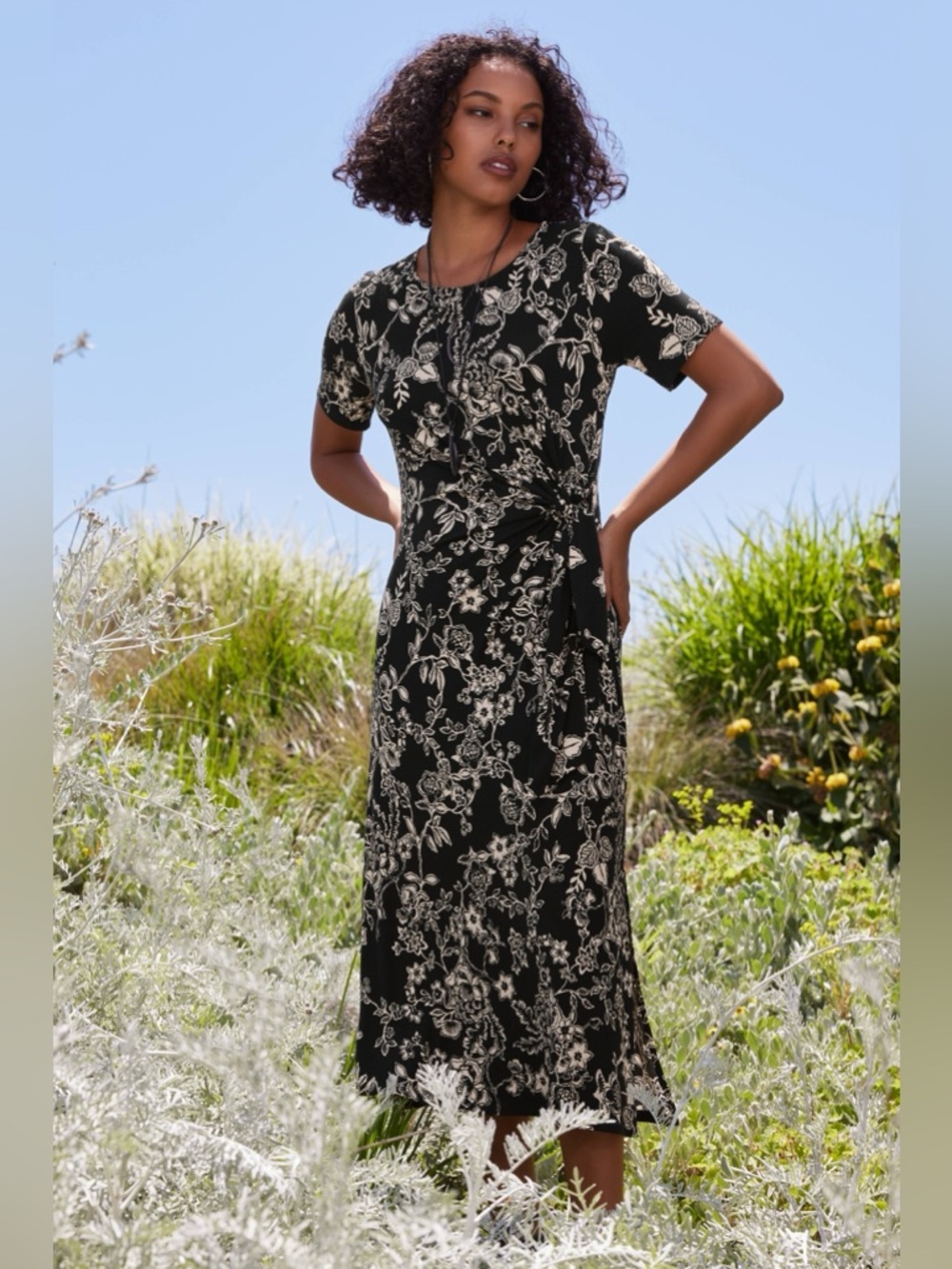 Johnny Was knit Dress Janie Favorite Side Tie black midi floral print knot waist